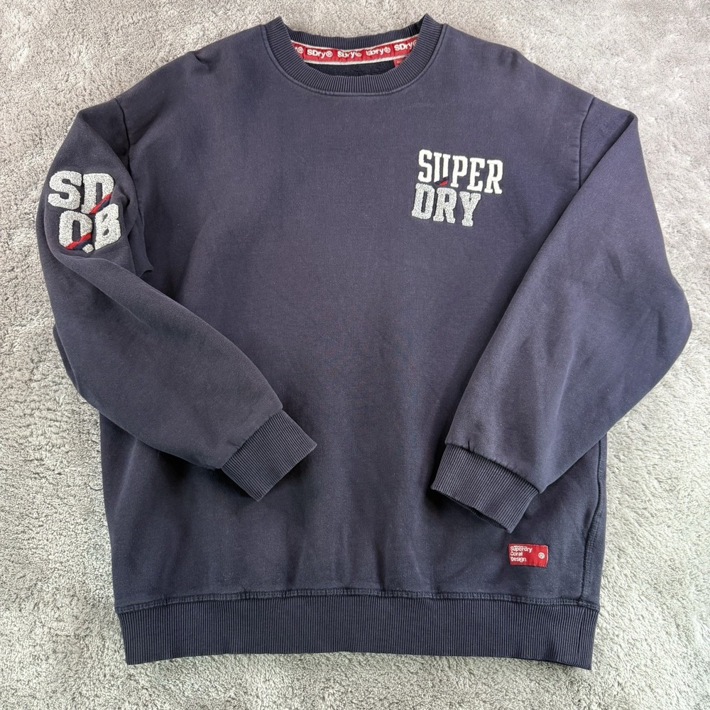 Superdry Crewneck Sweatshirt Men's XS Navy Blue Logo Graphic Pullover Streetwear